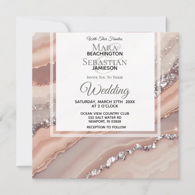 Invitation *~* Saumon QR Peach SILVER AGATE RSVP AR66 Mariage (Devant)