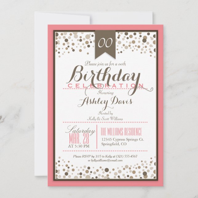 Invitation Saumon Rose, Blanc & Taupe Fête d'Anniversaire mod (Devant)