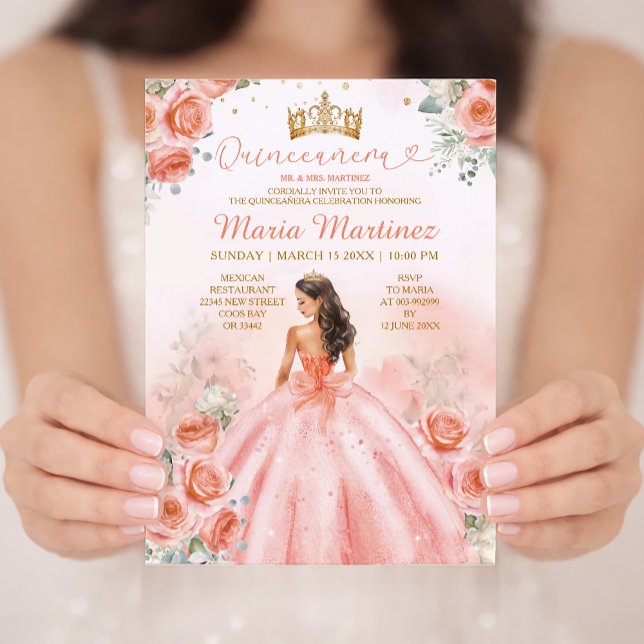 Invitation Saumon Rose Pêche Princesse Florale Or Quinceañera (Créateur téléchargé)