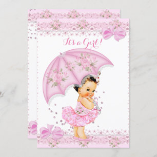 Invitation Saupoudrer Baby shower fille floral rose parapluie