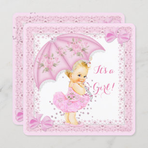 Invitation Saupoudrer Baby shower fille rose parapluie Blonde