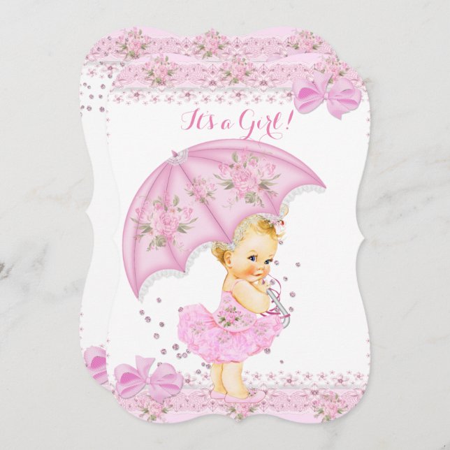 Invitation Saupoudrer Blonde Baby shower fille rose floral (Devant / Derrière)