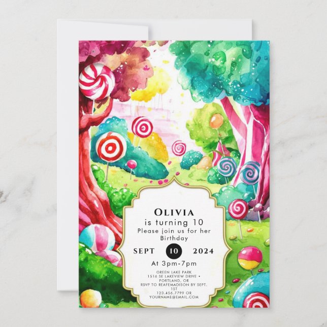 Invitation Saupoudrer l'aquarelle Candyland anniversaire (Devant)