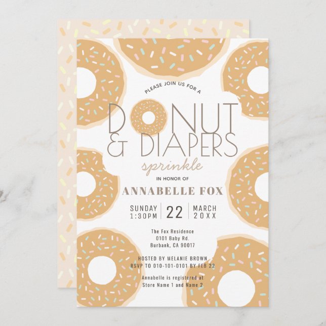 Invitation Saupoudrer le Baby shower de caramel de Donut & Di (Devant / Derrière)