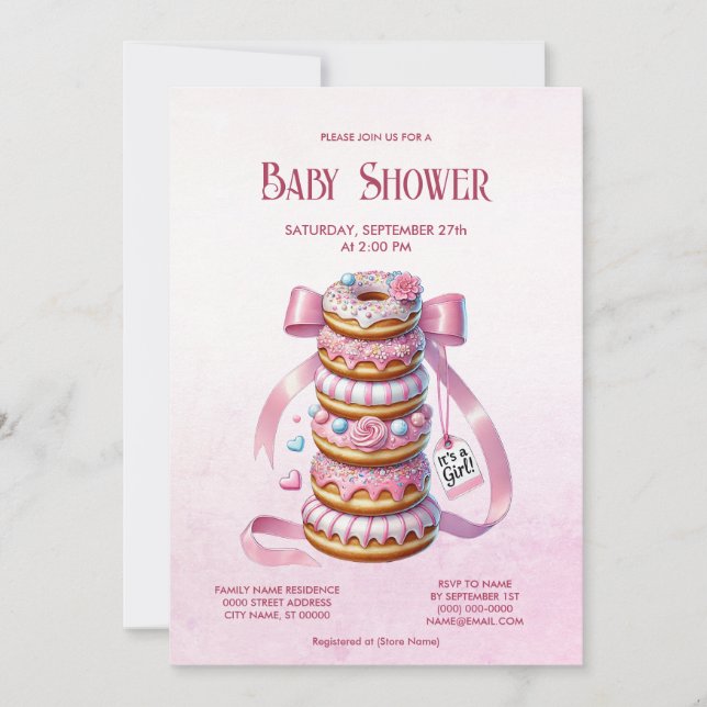 Invitation Saupoudrer les beignets Baby shower de ruban rose (Devant)