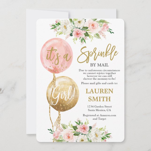 Invitation Saupoudrer par Mail ballons rose fille baby shower (Devant)