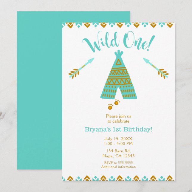 Invitation Sauvage 1er Anniversaire Turquoise & Or Tepee Fête (Devant / Derrière)