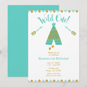 Invitation Sauvage 1er Anniversaire Turquoise & Or Tepee Fête