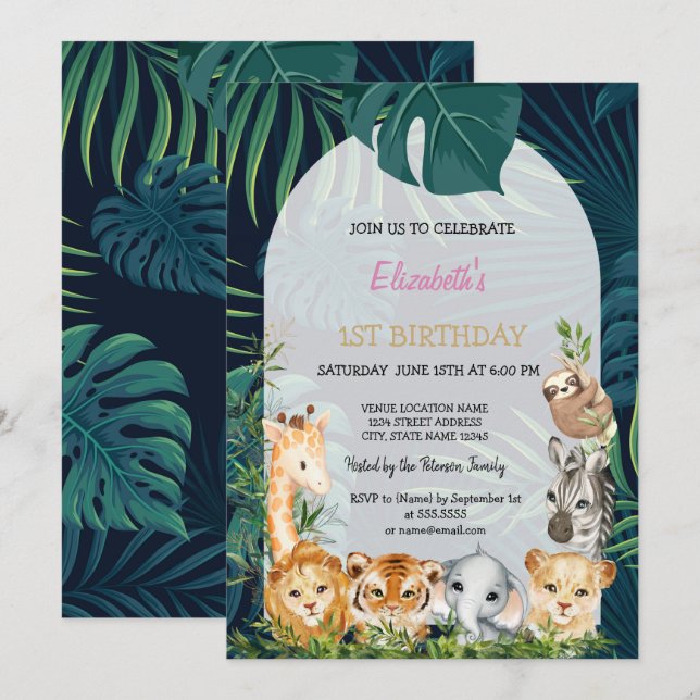 Invitation Sauvage Animaux de la Jungle Feuilles de Palmier 1 (Devant / Derrière)