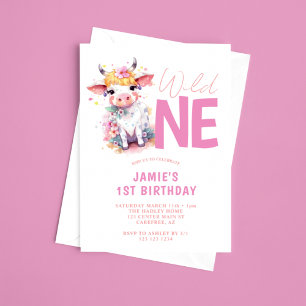 Invitation Sauvage Bébé Vache Rose 1er Anniversaire