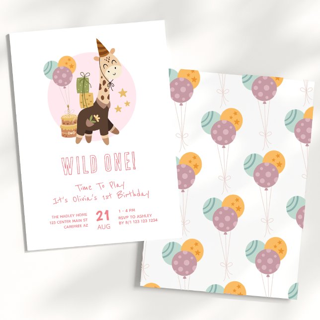 Invitation Sauvage Boho Fille Girafe 1er Anniversaire (Créateur téléchargé)