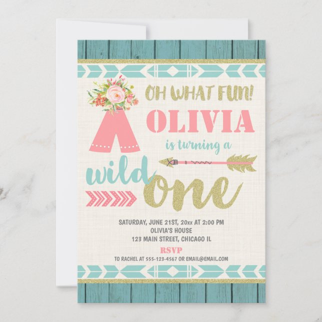 Invitation Sauvage boho rose turquoise 1er premier anniversai (Devant)