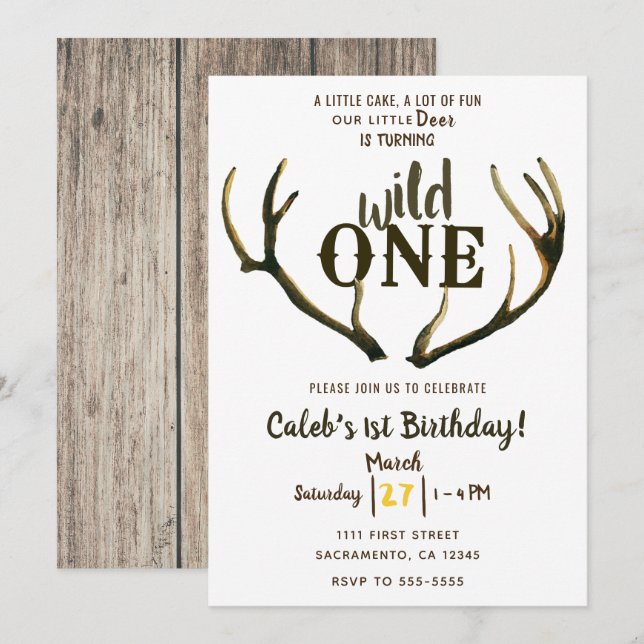 Invitation Sauvage Cerf Bois Rustique Fête du Premier Anniver (Devant / Derrière)
