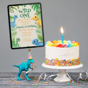 Invitation Sauvage, dinosaure coloré et mignon pour 1er anniv