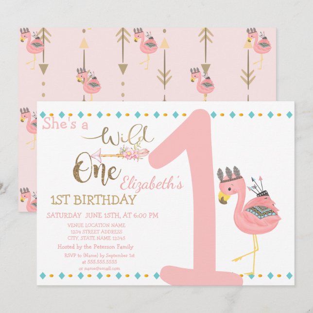 Invitation Sauvage, Flèches, Flamant Rose Premier Anniversair (Devant / Derrière)