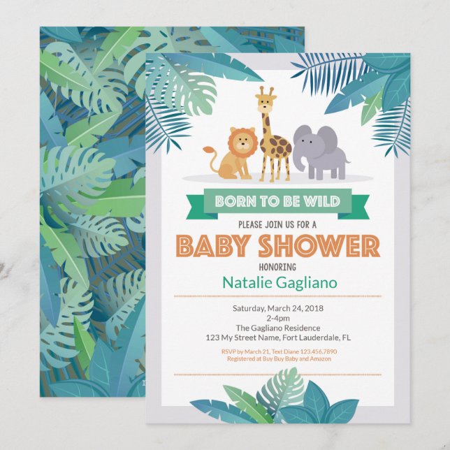 Invitation sauvage née de baby shower de safari de (Devant / Derrière)