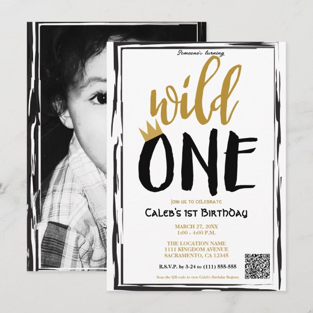 Invitation Sauvage Noir + Or Photo 1 1er Anniversaire code QR (Devant / Derrière)