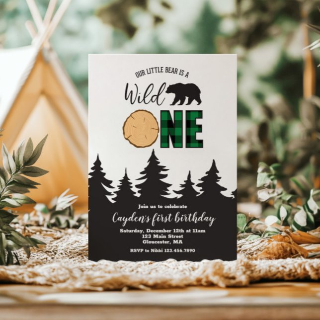 Invitation Sauvage Ourson Vert Buffalo Plaid Premier Annivers (Créateur téléchargé)