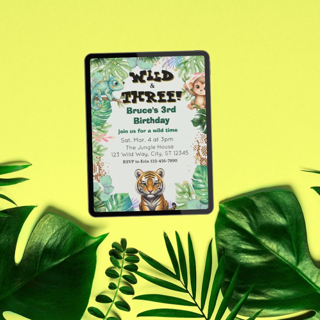 Invitation Sauvage & Trois, Anniversaire Jungle Aquarelle (Créateur téléchargé)
