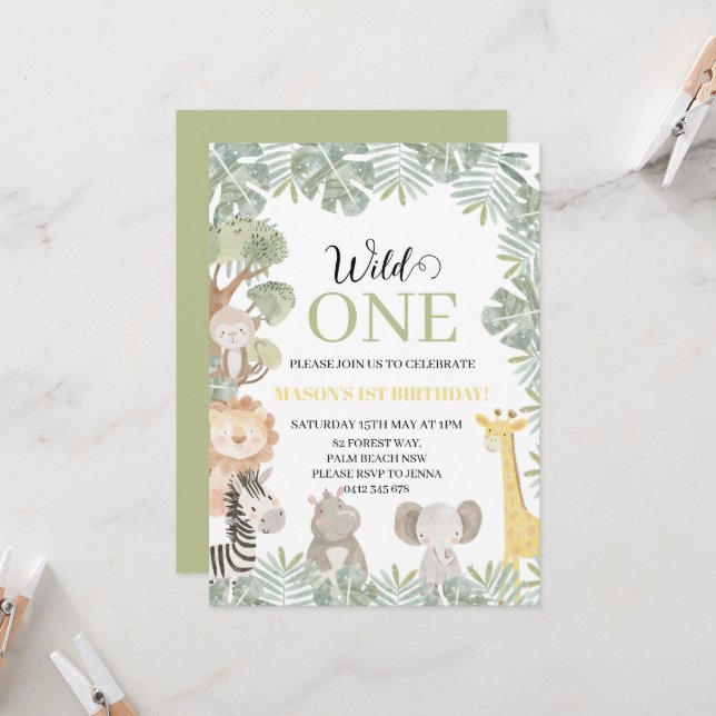 Invitation Sauvage Tropical Un Safari Animaux Garçon 1er anni (Devant/Arrière en situation)