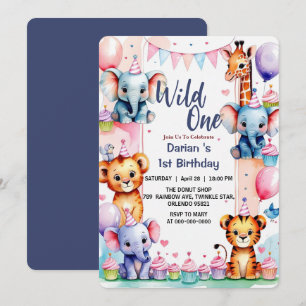 Invitation Sauvage Un Animaux Mignons Ballon gâteau 1er Anniv
