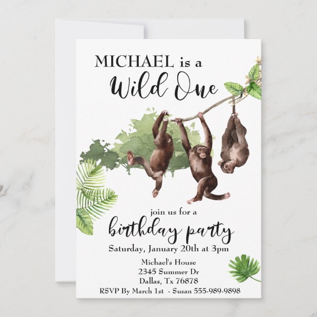Invitation Sauvage une aquarelle de singes de la jungle (Devant)
