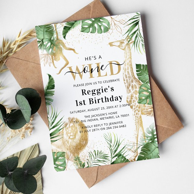Invitation Sauvageon Jungle Verdure & Or 1er Anniversaire (Créateur téléchargé)