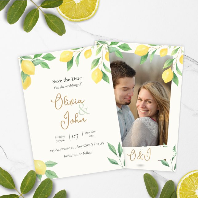 Invitation Sauvegarde de la date de photo de verdure de citro (Save the Date Citrus Green Wedding Card)