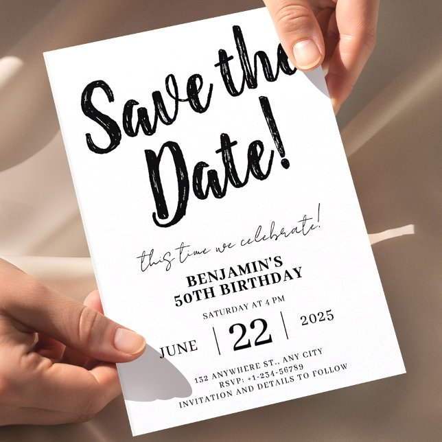 Invitation Sauvegarder la date 50e anniversaire  (50th Birthday Save the Date, Minimal Black and White Invitation, Modern Birthday Invite, Editable Bi)