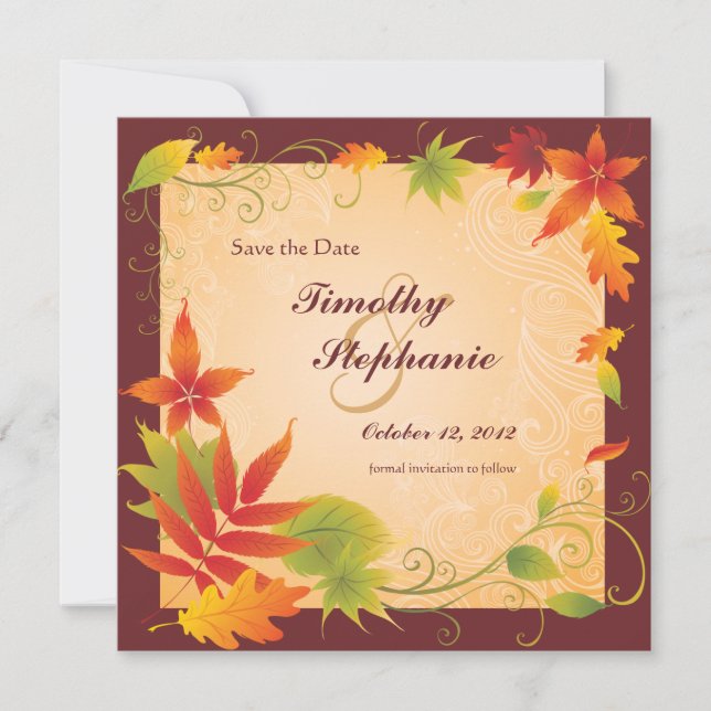 Invitation Sauvegarder la date annonce de mariage feuilles d' (Devant)