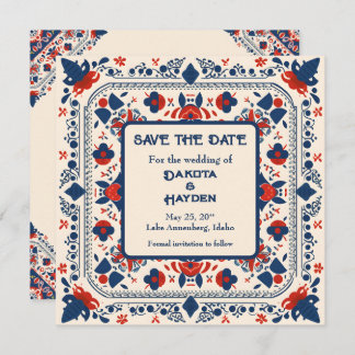 Invitation Sauvegarder la date, art folklorique floral, rouge