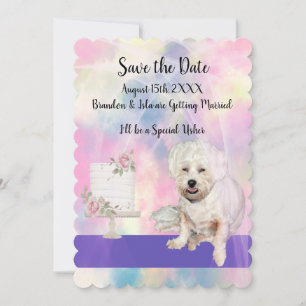 Invitation Sauvegarder la date avec un joli chien blanc