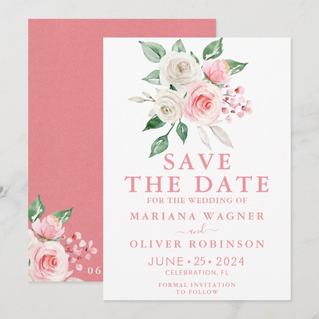 Invitation Sauvegarder la date Fleurs de aquarelle rose pêche (Devant / Derrière)