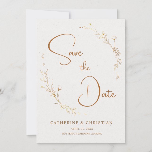 Invitation Sauvegarder la Date Fleurs de Contour Doré (Devant)