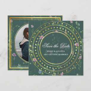 Invitation Sauvegarder la date Fleurs vertes et dorées, Maria