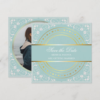 Invitation Sauvegarder la date, mariage pastel vert et or