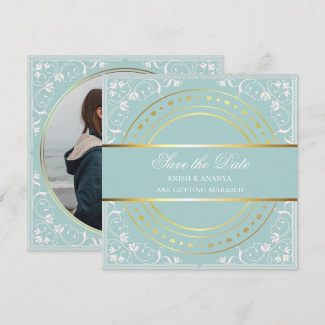 Invitation Sauvegarder la date, mariage pastel vert et or (Devant / Derrière)