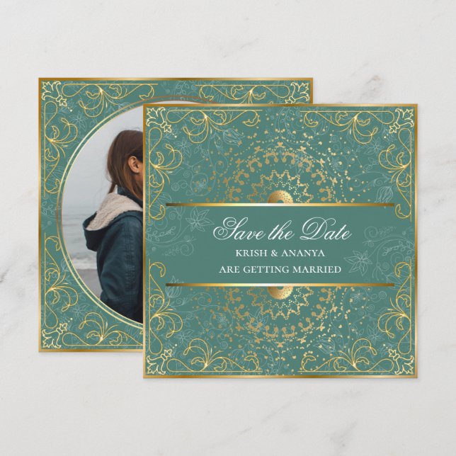 Invitation Sauvegarder la date, Mariage Vert Éclatant et Or (Devant / Derrière)