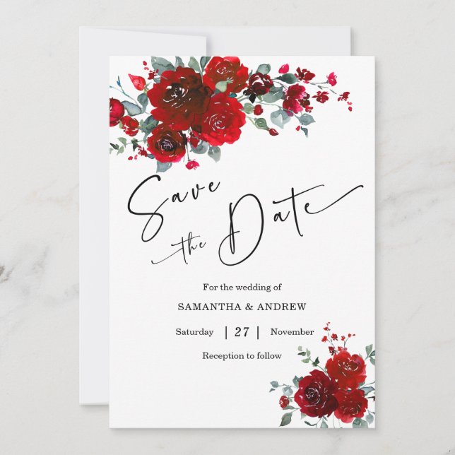 Invitation Sauvegarder la date Noir et Rouge (Devant)