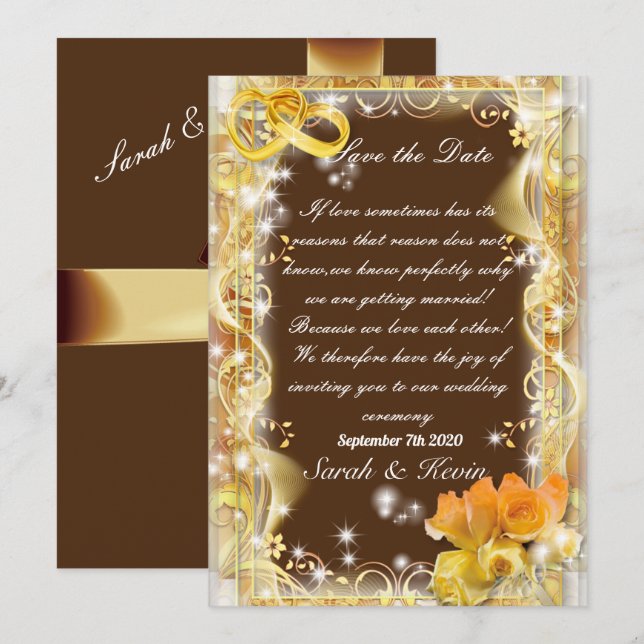 Invitation Sauvegarder la date orange or & fond marron aquare (Devant / Derrière)