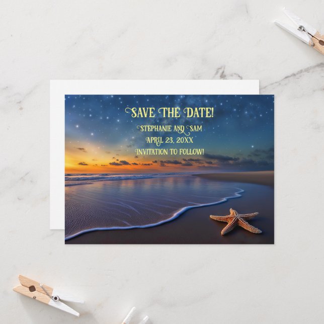 Invitation Sauvegarder la date romantique de la plage  (Devant/Arrière en situation)