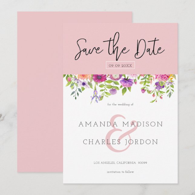 Invitation Sauvegarder la date typographie moderne & Fleurs c (Devant / Derrière)