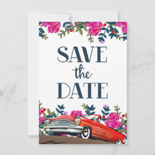 Invitation Sauvegarder la date voiture rouge vintage