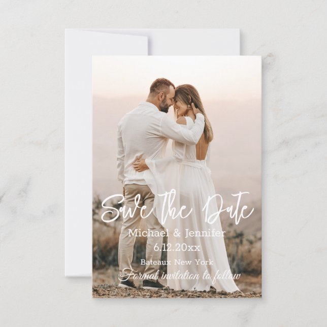 Invitation sauver la date, calligraphie blanche chic photo de (Devant)