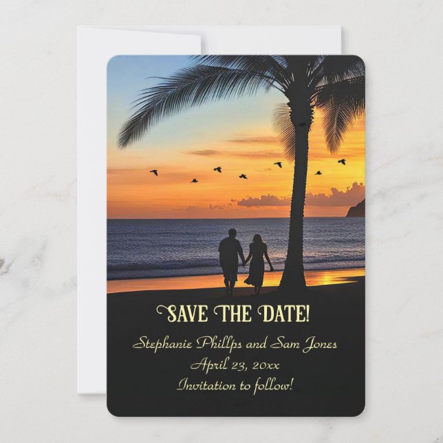 Invitation Sauver la Date Couple de Plage Tropicale (Devant)