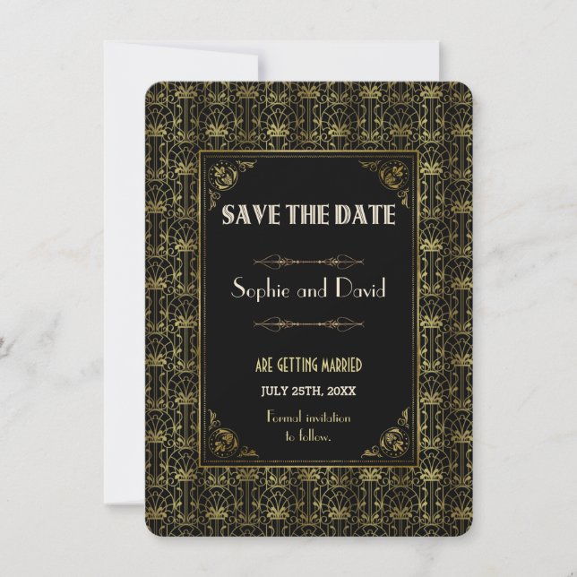 Invitation Sauver la date | Or noir Roaring 20s Art Déco (Devant)