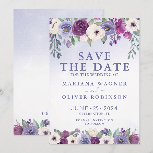 Invitation Sauver la date Pervenche Fuchsia Blush Floral (Devant / Derrière)