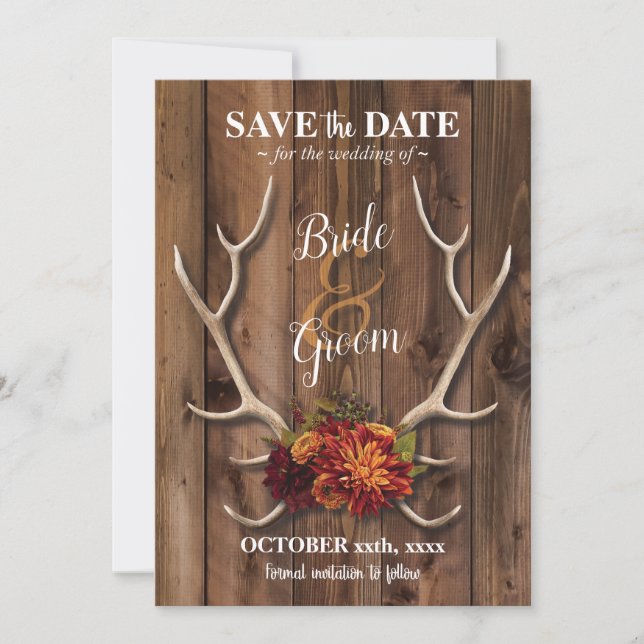 Invitation Sauvez la date avec un mariage romantique de bois  (Devant)