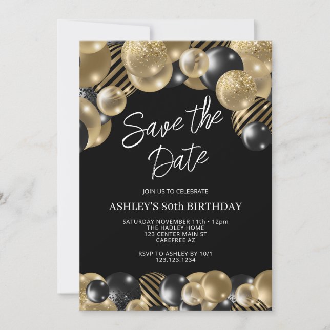 Invitation Sauvez la Date Black Gold 80e Anniversaire (Devant)