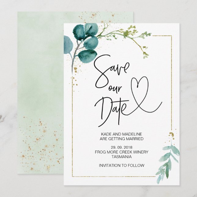 Invitation Sauvez Notre Date Eucalyptus Vert Élégant Mariage (Devant / Derrière)